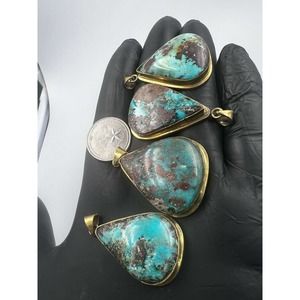 4 Natural Persian Turquoise Pendants Metal Stainless Steel Hook Bulk Lot